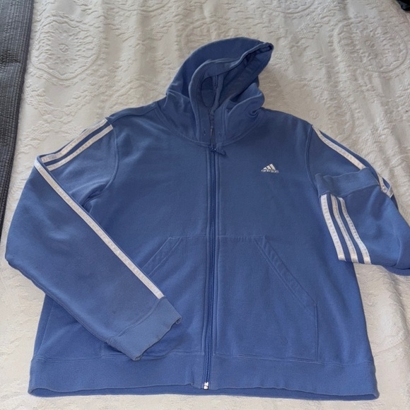 Gently Loved Adidas Light Blue Hoodie with White Stripes **Missing Drawstring ** - Picture 1 of 10